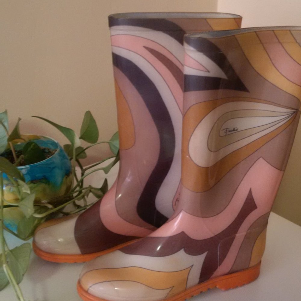 Emilio Pucci Pink, Orange, Brown & Cream Patterned Rain Boots